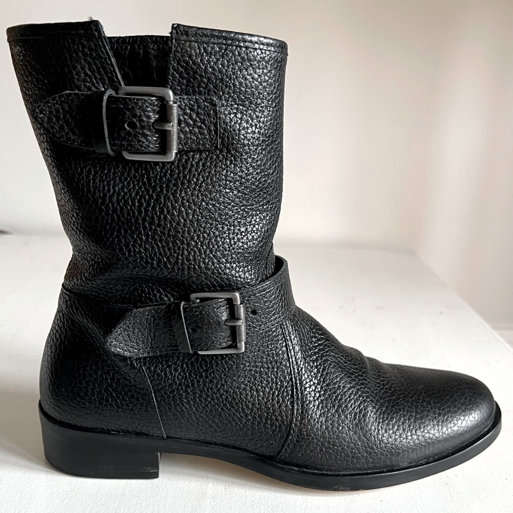 J Crew black pebbled leather moto boot. Silver tone Buckles. Pull on. Size 8